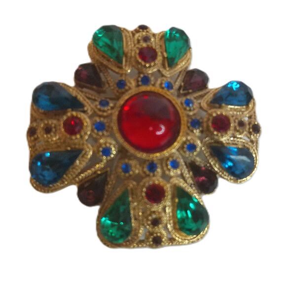 Vintage Sphinx Gripoix Maltese Cross Crystal Gold Plated Signed Brooch - Picture 5 of 6